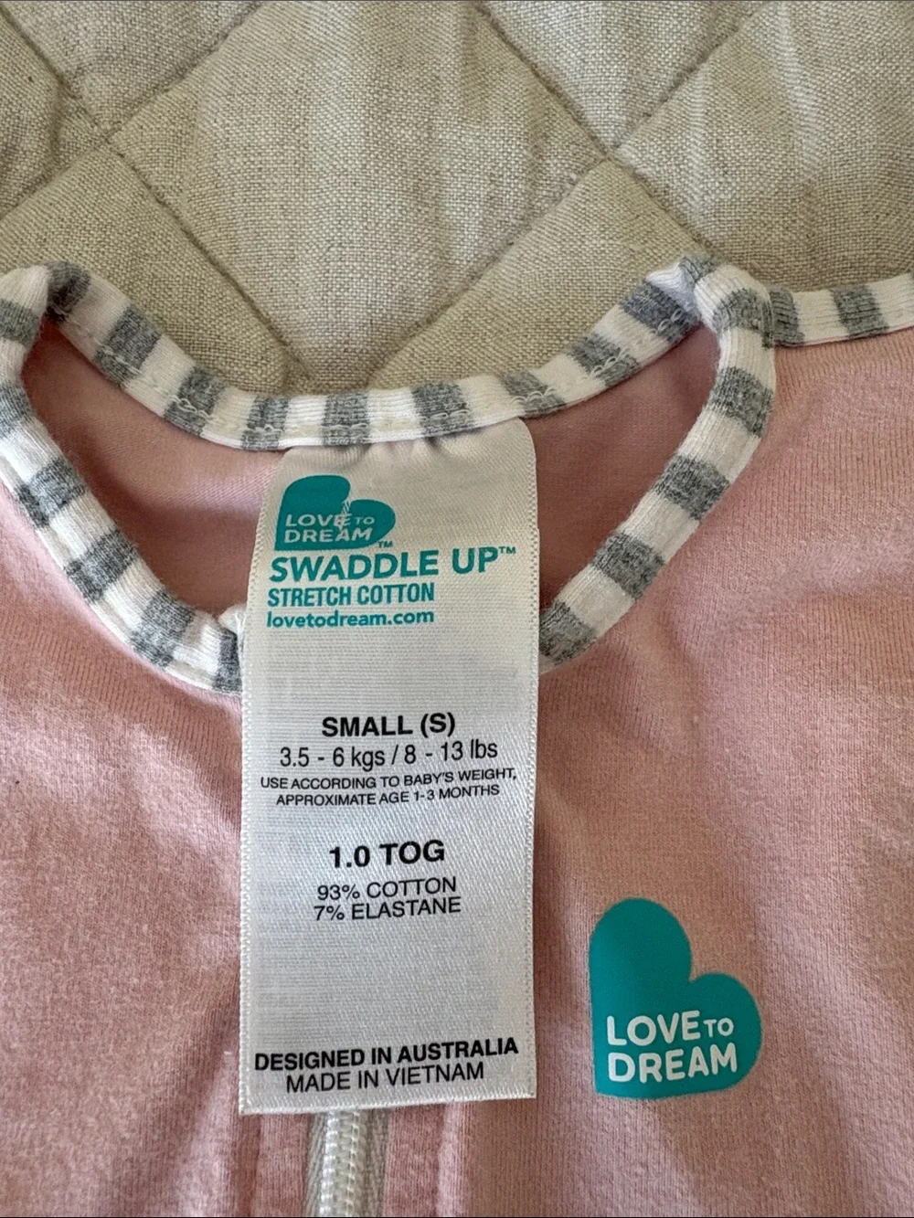 NWOT Love to dream Pink Sleep Sack with Gray Stripe Trim and Teal Tag